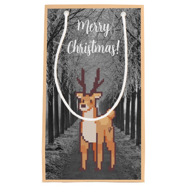 Sacola Para Presentes Pequena Reindeer, pixelart Merry Christmas  (Frente)