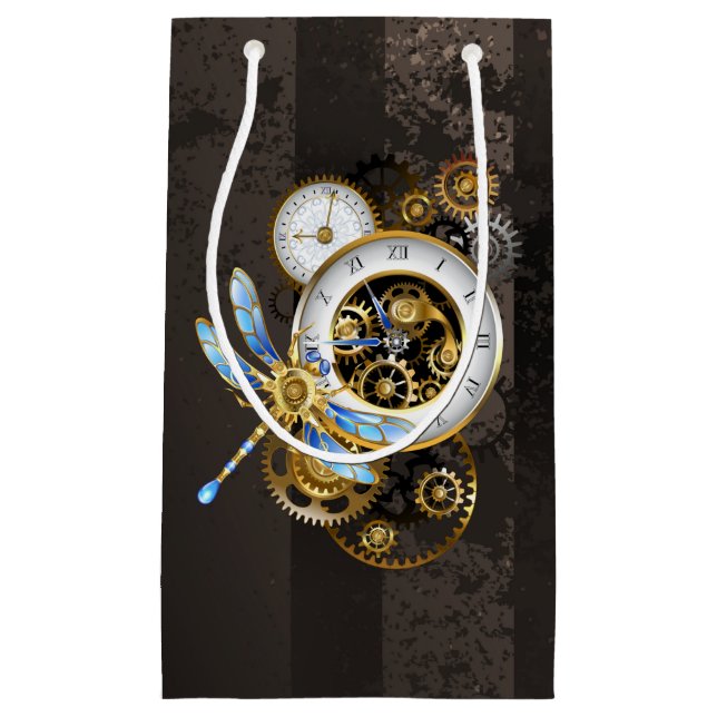 Sacola Para Presentes Pequena Relógio Steampunk com Dragonfly Mecânica (Frente)