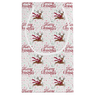 Sacola Para Presentes Pequena Rena Santa Retro com Flocos de Neve Atômicos Perso