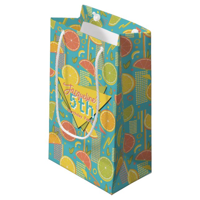 Sacola Para Presentes Pequena Retro Blue Summer Citrus Fruit Birthday (Frente inclinada)