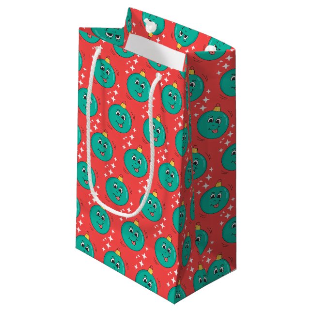 Sacola Para Presentes Pequena Retrô de bola de natal sorridente (Frente inclinada)