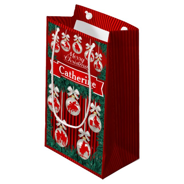 Sacola Para Presentes Pequena Rodeio Ornaments On Red Holiday Gift Bag (Frente inclinada)