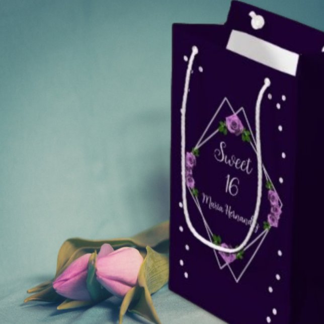 Sacola Para Presentes Pequena Rosa de prata geométrica púrpura 16 (Criador carregado)