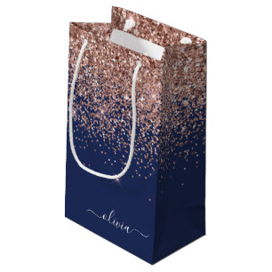Sacola Para Presentes Pequena Rosa Dourado Azul Marinho Brilho Monograma