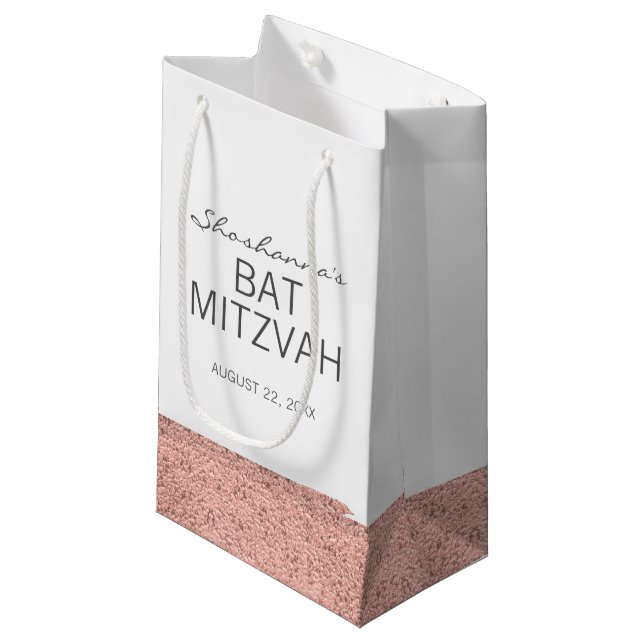 Sacola Para Presentes Pequena Rosa Dourado BrushAVBat Mitzvah Gift Bag (Frente inclinada)