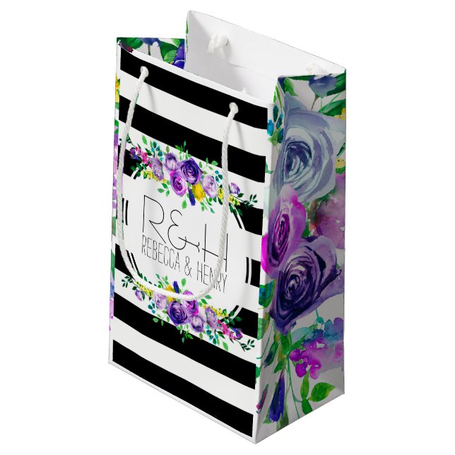Sacola Para Presentes Pequena Rosa e Roxo com Faixa Preta e Branca (Verso inclinado)