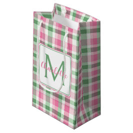 Sacola Para Presentes Pequena Rosa e Verde Xadrez Monograma Préppy