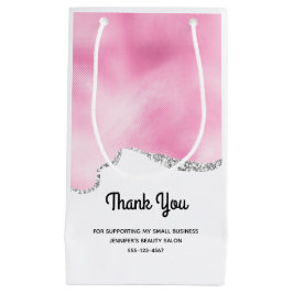 Sacola Para Presentes Pequena Rosa & Prata Borda com Brilho Falso Elegante Empre