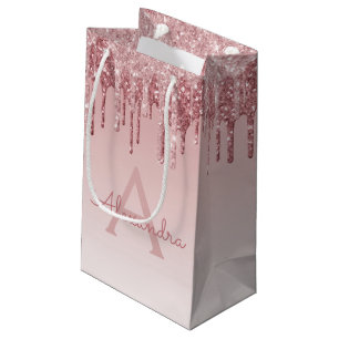 Sacola Para Presentes Pequena Rosa Rosa Rosa Rosa Dourada, Brilhante e Monograma