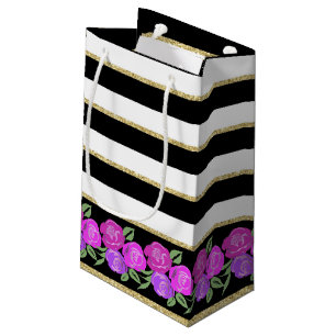 Sacola Para Presentes Pequena Rosas cor-de-rosa e roxas, preto, branco, Dourado