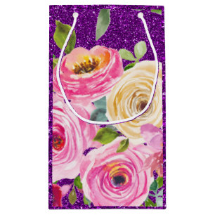 Sacola Para Presentes Pequena Rosas de aquarela, cor-de-rosa e creme, com brilho