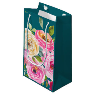 Sacola Para Presentes Pequena Rosas de aquarelas em rosa e creme no chão