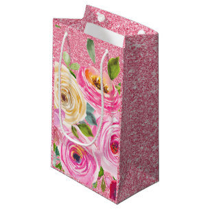 Sacola Para Presentes Pequena Rosas em Aquarela em Rosa e Creme com Brilho Rosa