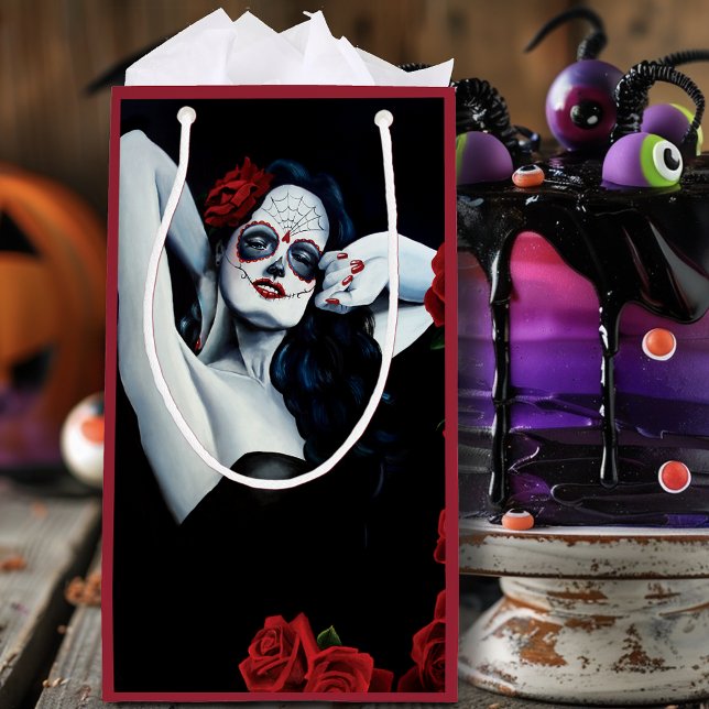 Sacola Para Presentes Pequena Rosas vermelhas de crânio de açúcar preto (Criador carregado)