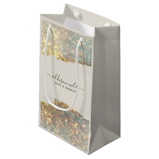 Sacola Para Presentes Pequena Roteiro de Assinatura Holográfica Glamour Brilho (Frente inclinada)