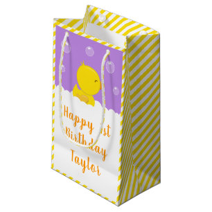 Sacola Para Presentes Pequena Rubber Ducky Amarelo e Roxo Feliz Aniversário