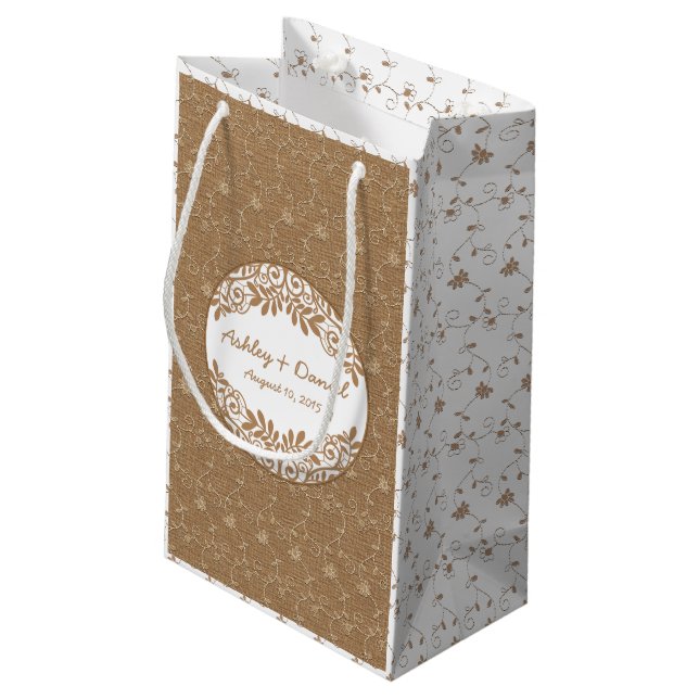 Sacola Para Presentes Pequena Rustic Faux Burlap Lace Casamento Bag de Boas-vind (Verso inclinado)