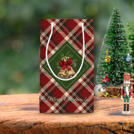 Sacola Para Presentes Pequena Rustic Felry Christmas Bell Red Gingham