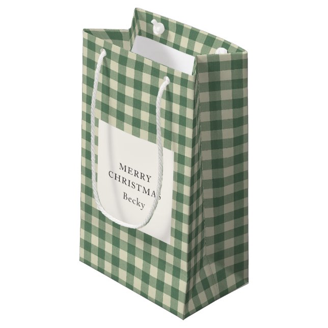 Sacola Para Presentes Pequena Rustic Green Gingham Moderno Natal (Frente inclinada)