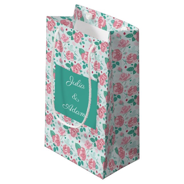 Sacola Para Presentes Pequena Saca de Presente Rosa Verde (Frente inclinada)