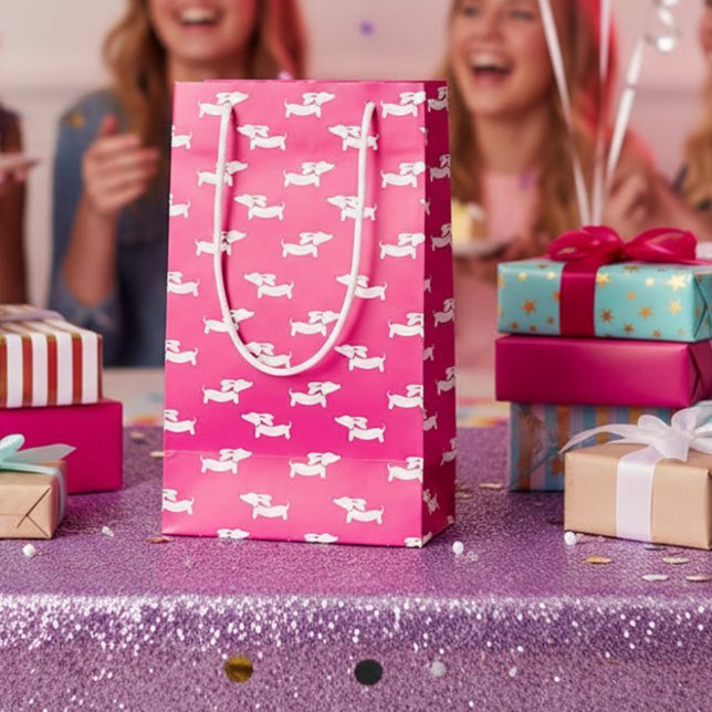Sacola Para Presentes Pequena Saco de Presente Cachorro Vienense Rosa Presentes  (Pink dachshund party gift bag)