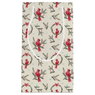 Sacola Para Presentes Pequena Saco de Presente de Natal em Aquarela com Cardinal