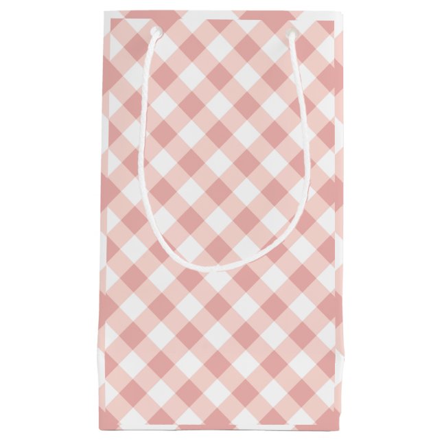 Sacola Para Presentes Pequena Saco de Presente de Xadrez Gingham Rosa e Branco (Frente)