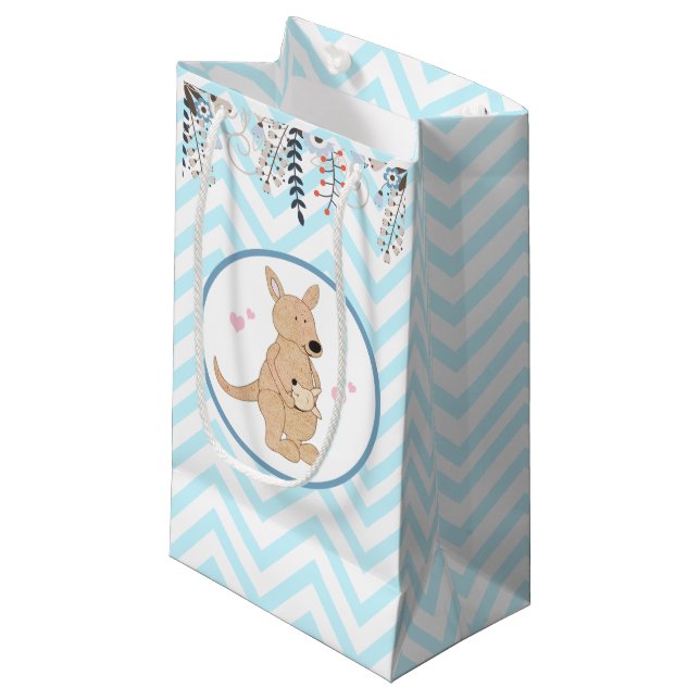 Sacola Para Presentes Pequena Saco de Presente Floral Chevron Azul Boho Canguru (Frente inclinada)
