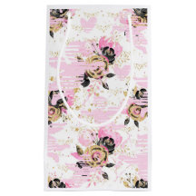 Saco de Presente Floral Rosa, Preto e Dourado