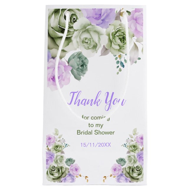 Sacola Para Presentes Pequena Sage Green and Purple Floral Bridal Shower (Frente)