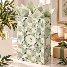 Sacola Para Presentes Pequena Sage Verde Aquarela Chic Padrão Monograma Oliva