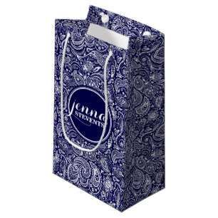 Sacola Para Presentes Pequena Sala de Vintagem Azul Escuro e Branco Monograma 2