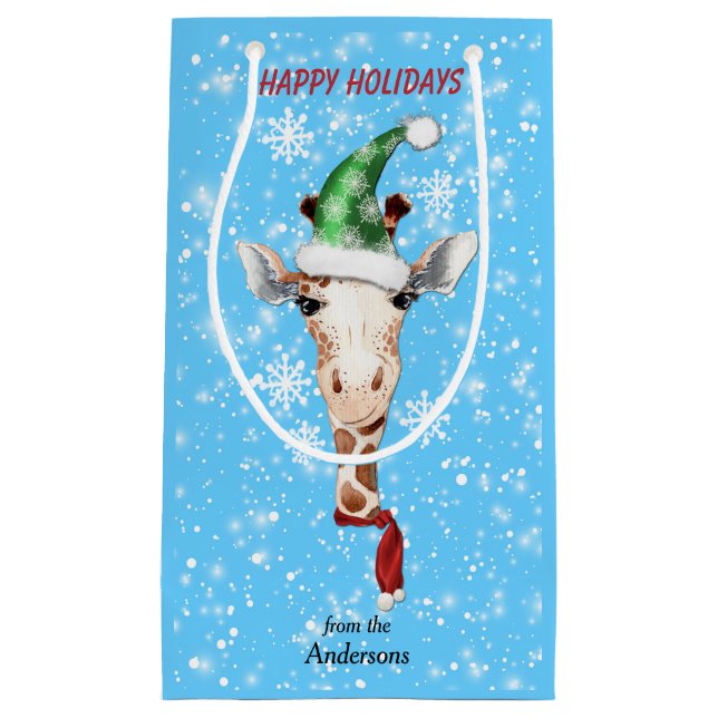 Sacola Para Presentes Pequena Santa Hat Giraffe Snowflake Blue (Frente)