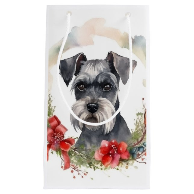 Sacola Para Presentes Pequena Schnauzer Wreath Festivo Pup (Frente)