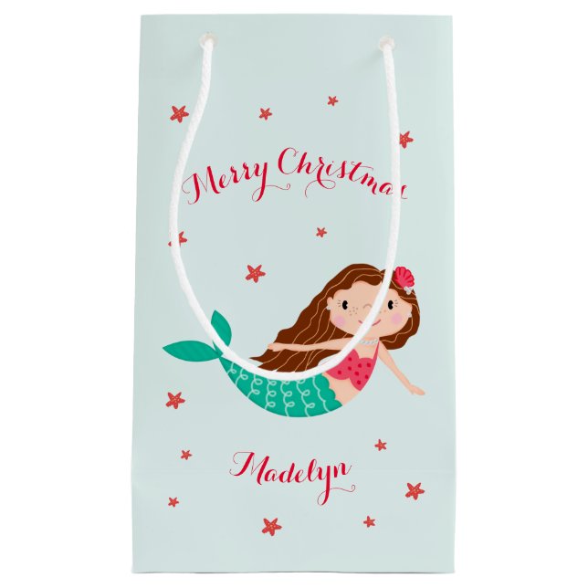 Sacola Para Presentes Pequena Sereia Natal Red Aqua Personalizado (Frente)