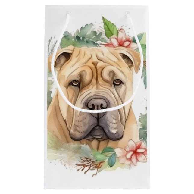 Sacola Para Presentes Pequena Shar Pei Wreath Christmas Festivo Pup (Verso)