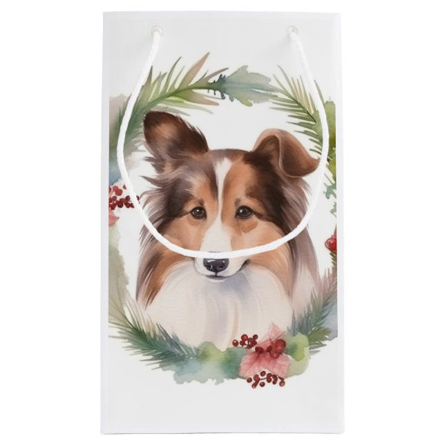 Sacola Para Presentes Pequena Shetland Sheepdog Wreath Festivo Pup (Verso)