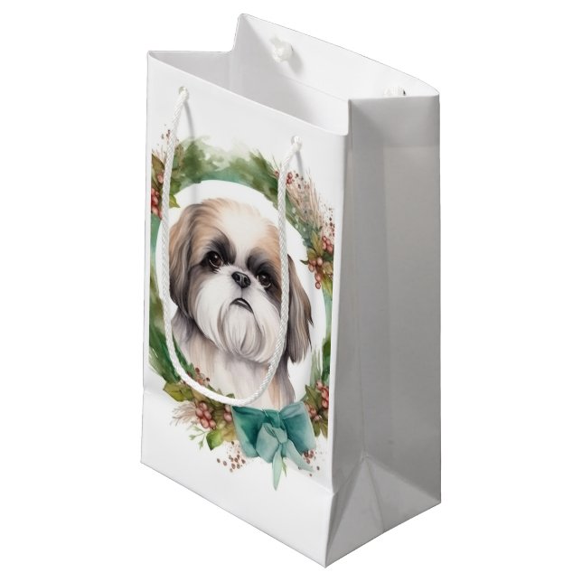 Sacola Para Presentes Pequena Shih Tzu Christmas Wreath Festivo Pup (Frente inclinada)