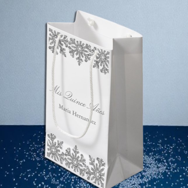Sacola Para Presentes Pequena Silver Snowflake Winter Quinceanera (Criador carregado)