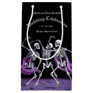 Sacola Para Presentes Pequena Skeletons Dançantes Roxos Casamento Gótico do Hall