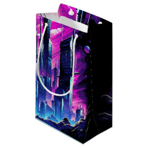 Sacola Para Presentes Pequena Skyline Neon Futurística CyberScape