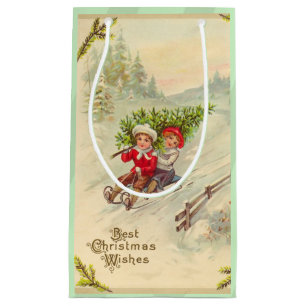 Sacola Para Presentes Pequena Sledding dos miúdos do natal vintage