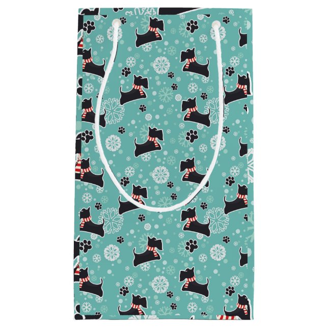 Sacola Para Presentes Pequena Snowy Scottie Dog Padrão de Natal (Frente)