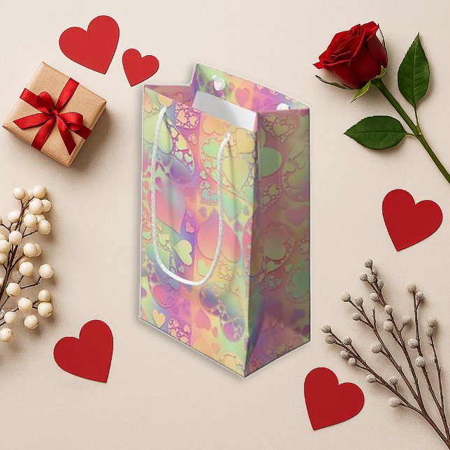 Sacola Para Presentes Pequena Soft Rainbow Pastel Kawaii Heart Pattern Design (Criador carregado)