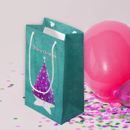 Sacola Para Presentes Pequena Sparkle Pink Christmas tree Silver Ornaments Teal