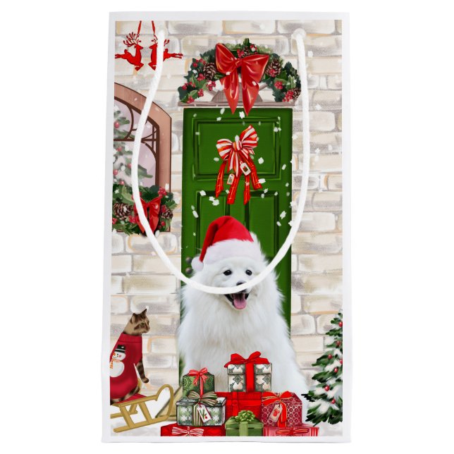 Sacola Para Presentes Pequena Spitz Dog Christmas (Frente)
