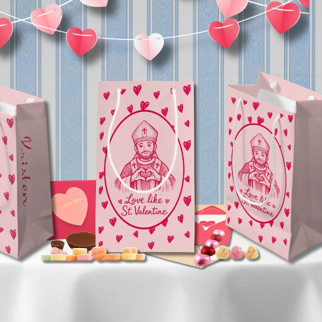 Sacola Para Presentes Pequena St Valentine Catholic Pink Heart Sketch Artwork (Criador carregado)
