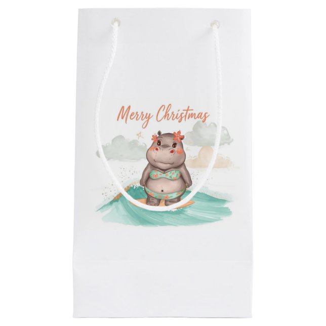 Sacola Para Presentes Pequena Surfing Hippo Bikini Christmas  (Frente)