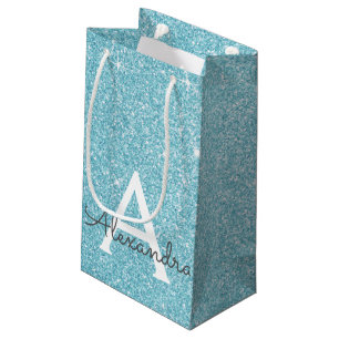 Sacola Para Presentes Pequena Teal Aqua Blue Glitter & Sparkle Monograma
