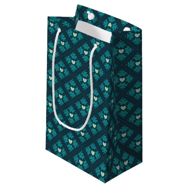 Sacola Para Presentes Pequena Teal Deco Hearts Patterned Gift Bag (Frente inclinada)